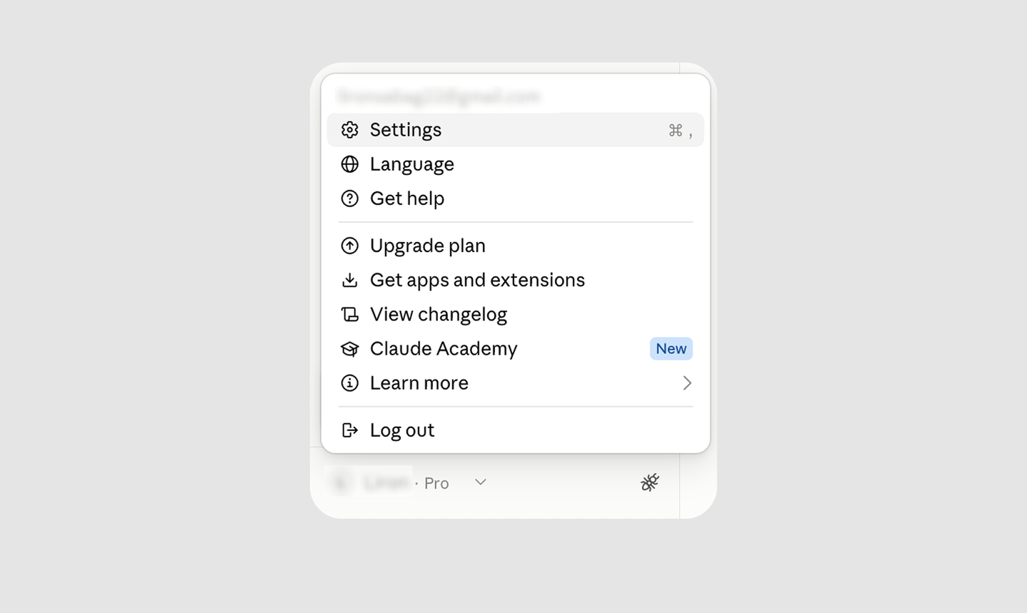 The Claude settings menu, with Settings highlighted