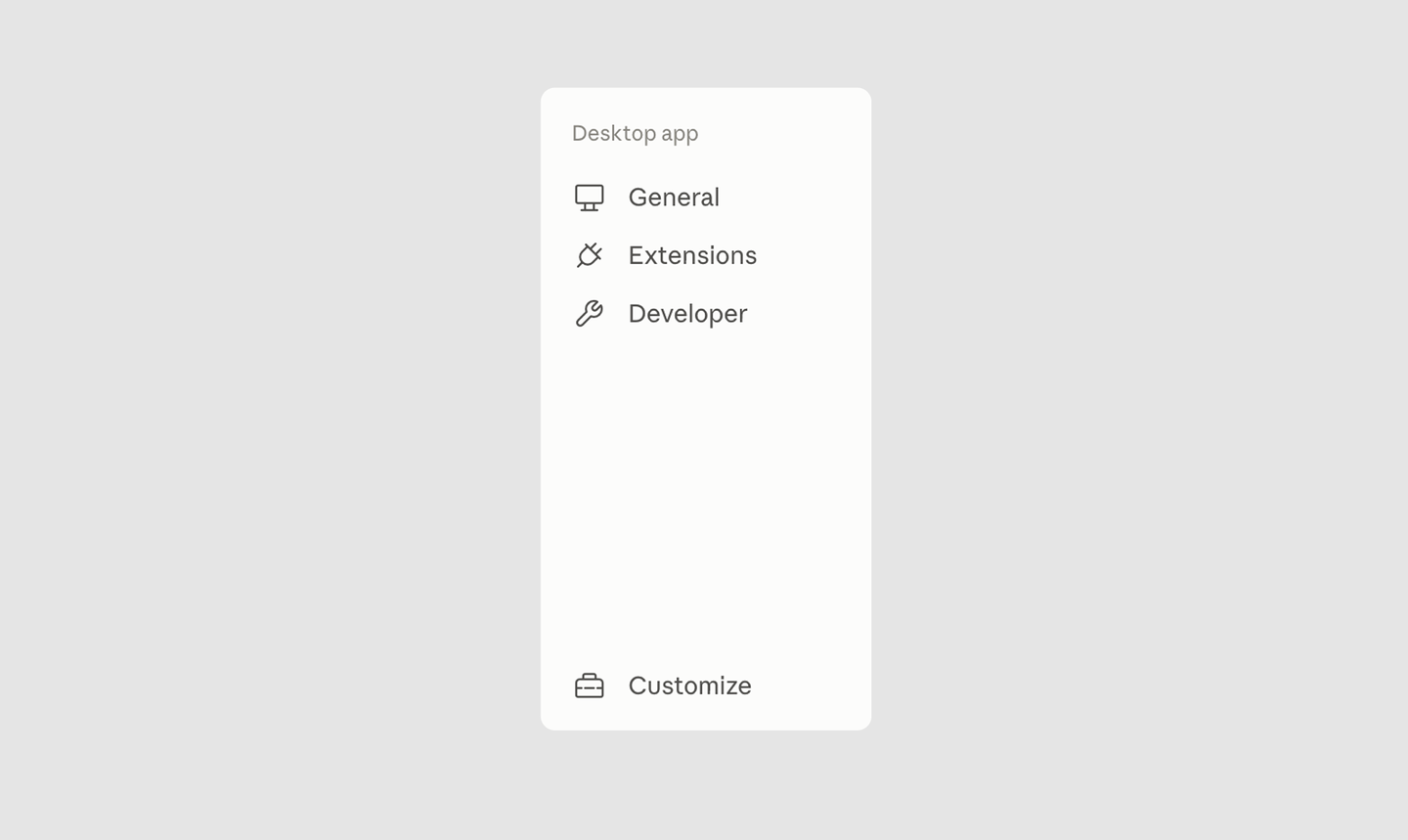 The settings sidebar, with Customize at the bottom