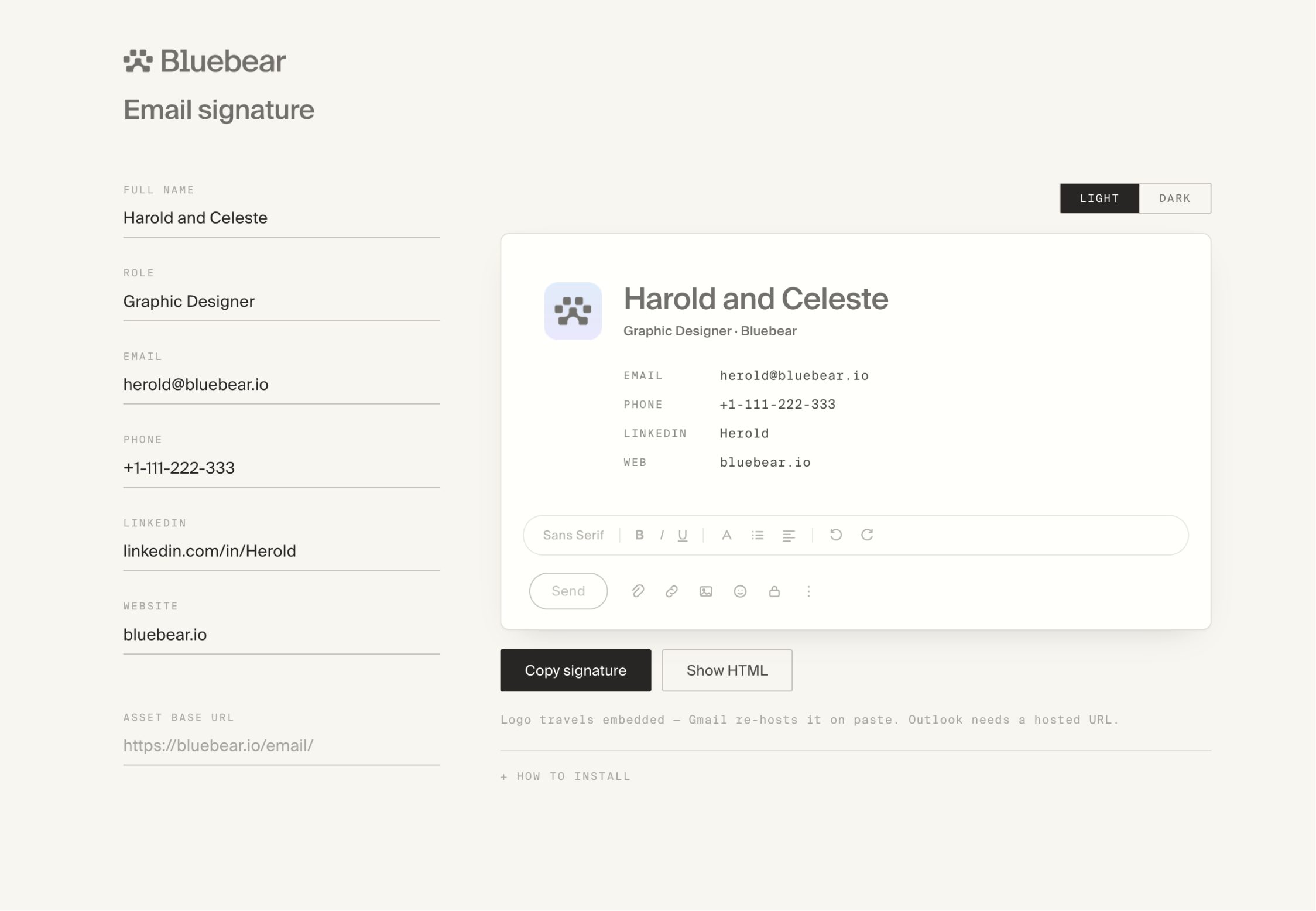 The email signature tool we built for the Bluebear team